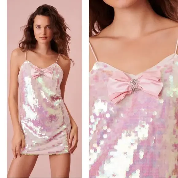 LoveShackFancy Kumi Sequin Bow Detail Irridescent Pink Mini Dress Size 2 - Picture 2 of 9